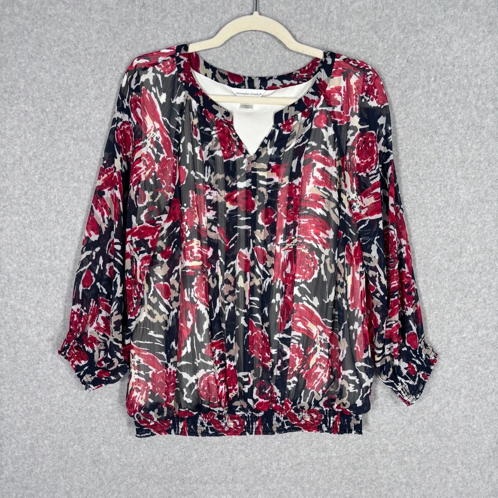 Christopher Banks Blouse Large Abstract Floral Smocked‎ Hem Sheer Sleeve Flowy